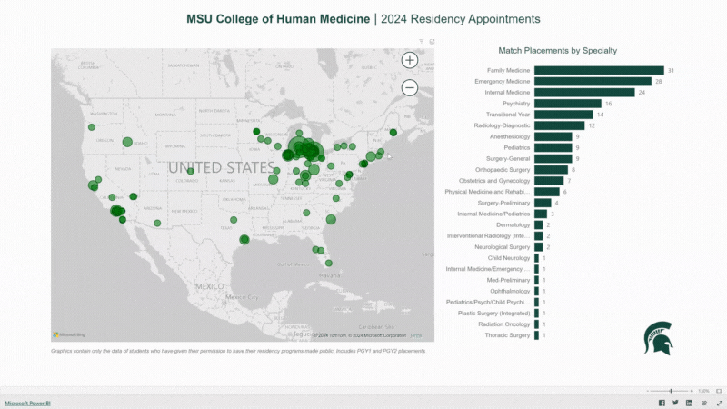 Animated graphic zooms in on US map with dots representing residency placements.